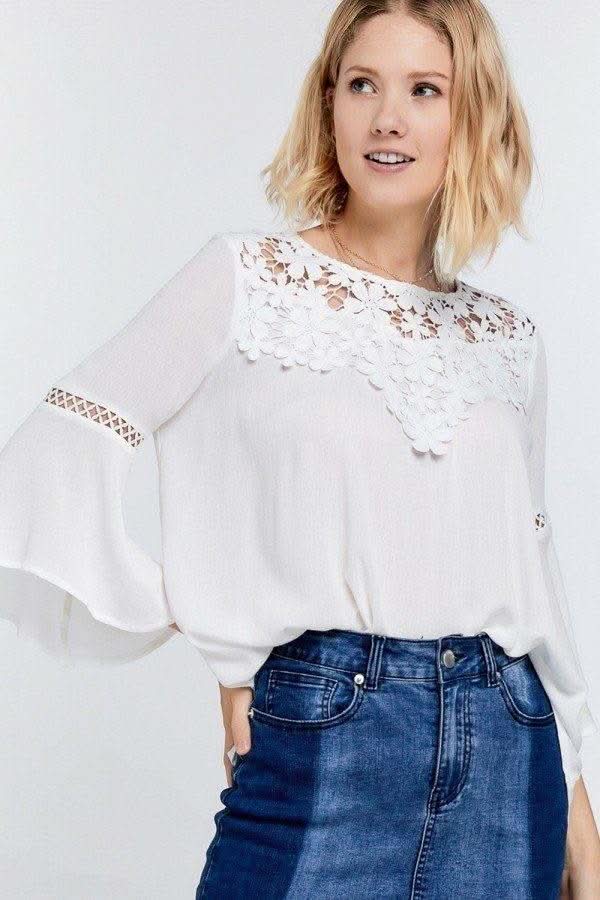 Cute Floral Mesh Lace Accent Yoke Crochet Detailed Tie-back Bell Sleeve Blouse Top - Fit Me For 20
