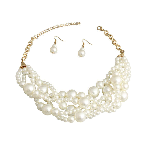 Cream pearl twisted 5 strand necklace set with matching earrings, showcasing elegant and timeless design.