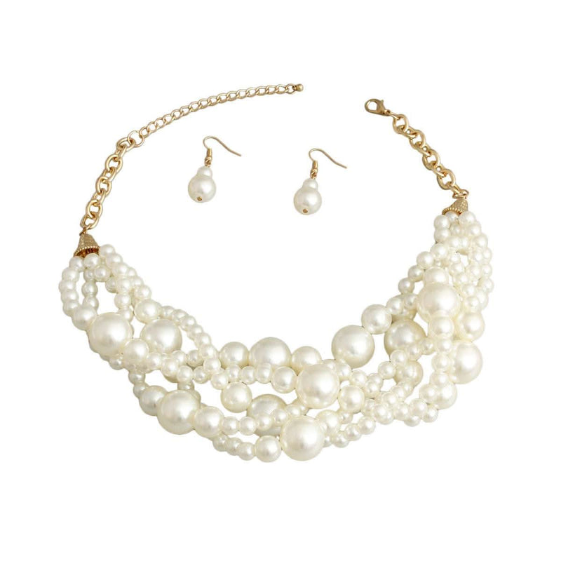 Cream pearl twisted 5 strand necklace set with matching earrings, showcasing elegant and timeless design.