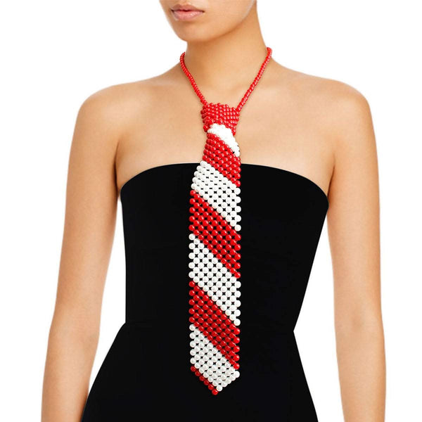 Red and white pearl striped tie choker necklace set, measuring 12.75 inches long and 1.85 inches wide.