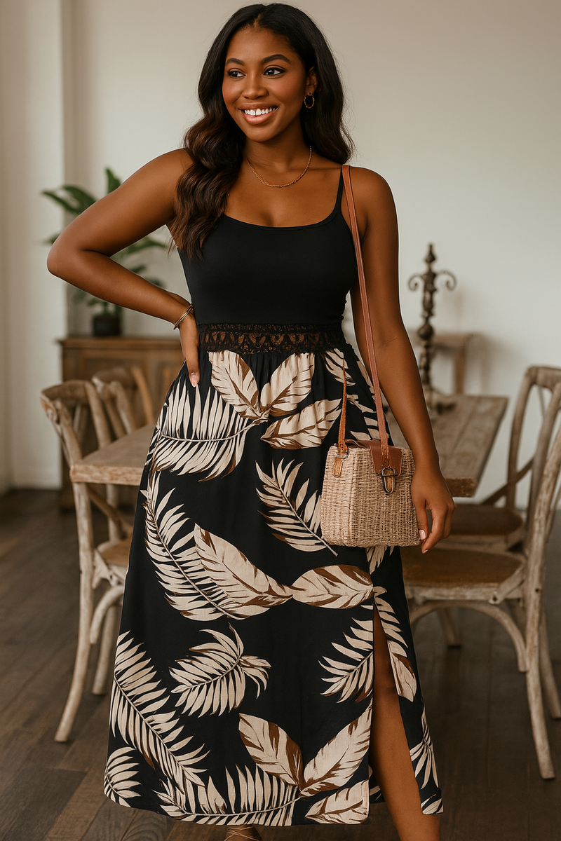 Tropical Print Guipure Lace Insert Split Dress