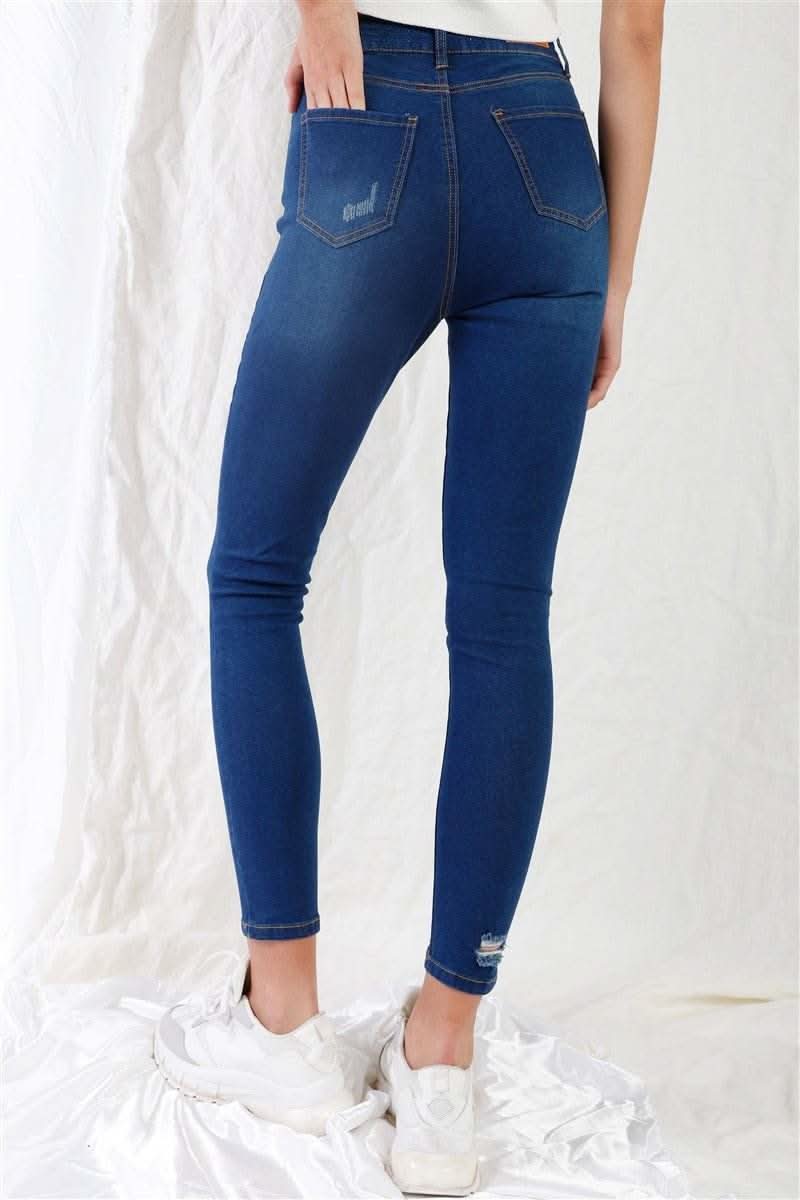 Dark Blue High-waisted With Rips Skinny Denim Jeans - Fit Me For 20