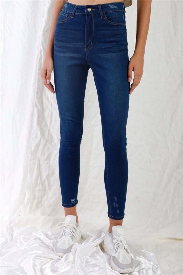 Dark Blue High-waisted With Rips Skinny Denim Jeans - Fit Me For 20