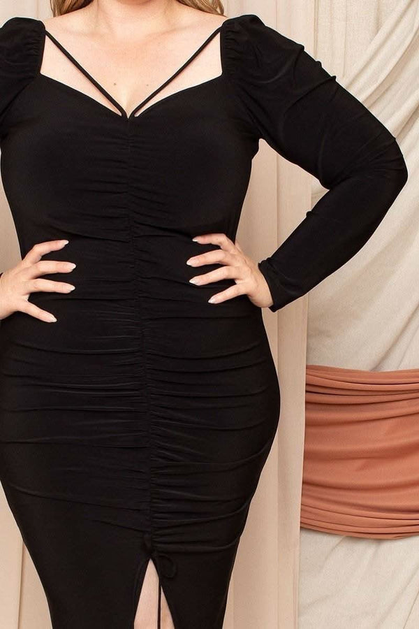 Deep Round Neck Shirring Detailed Back Plus Size Dress - Fit Me For 20