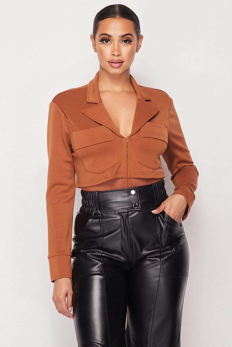 Deep-v Cropped Power Shoulder Blazer Bodysuit - Fit Me For 20