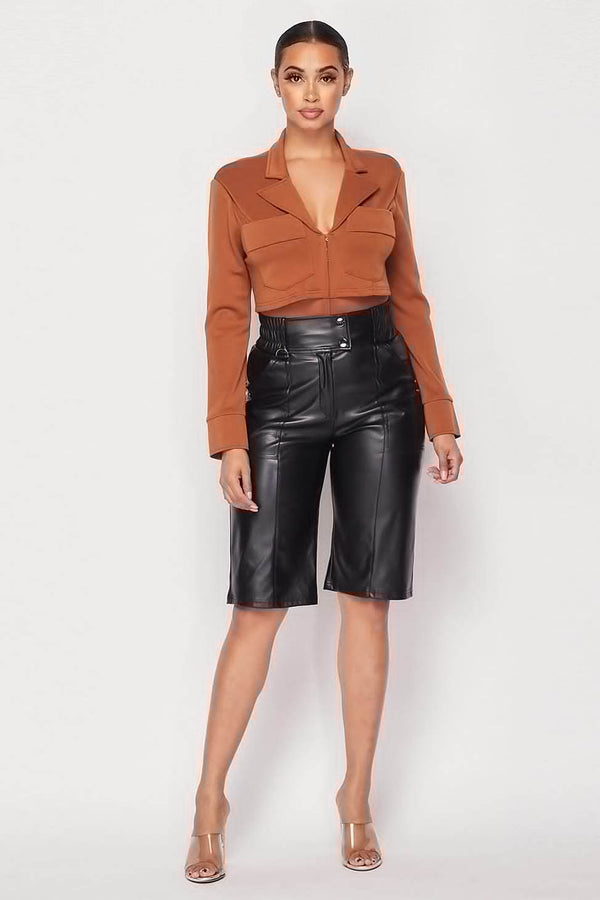 Deep-v Cropped Power Shoulder Blazer Bodysuit - Fit Me For 20
