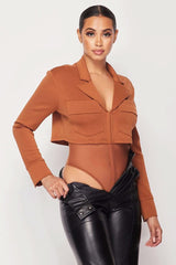 Deep-v Cropped Power Shoulder Blazer Bodysuit - Fit Me For 20