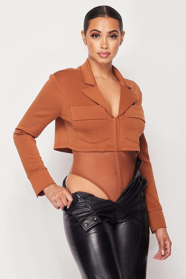 Deep-v Cropped Power Shoulder Blazer Bodysuit - Fit Me For 20