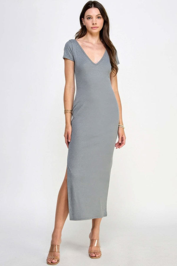 Double V-neck Ribbed Maxi Dress - Fit Me For 20
