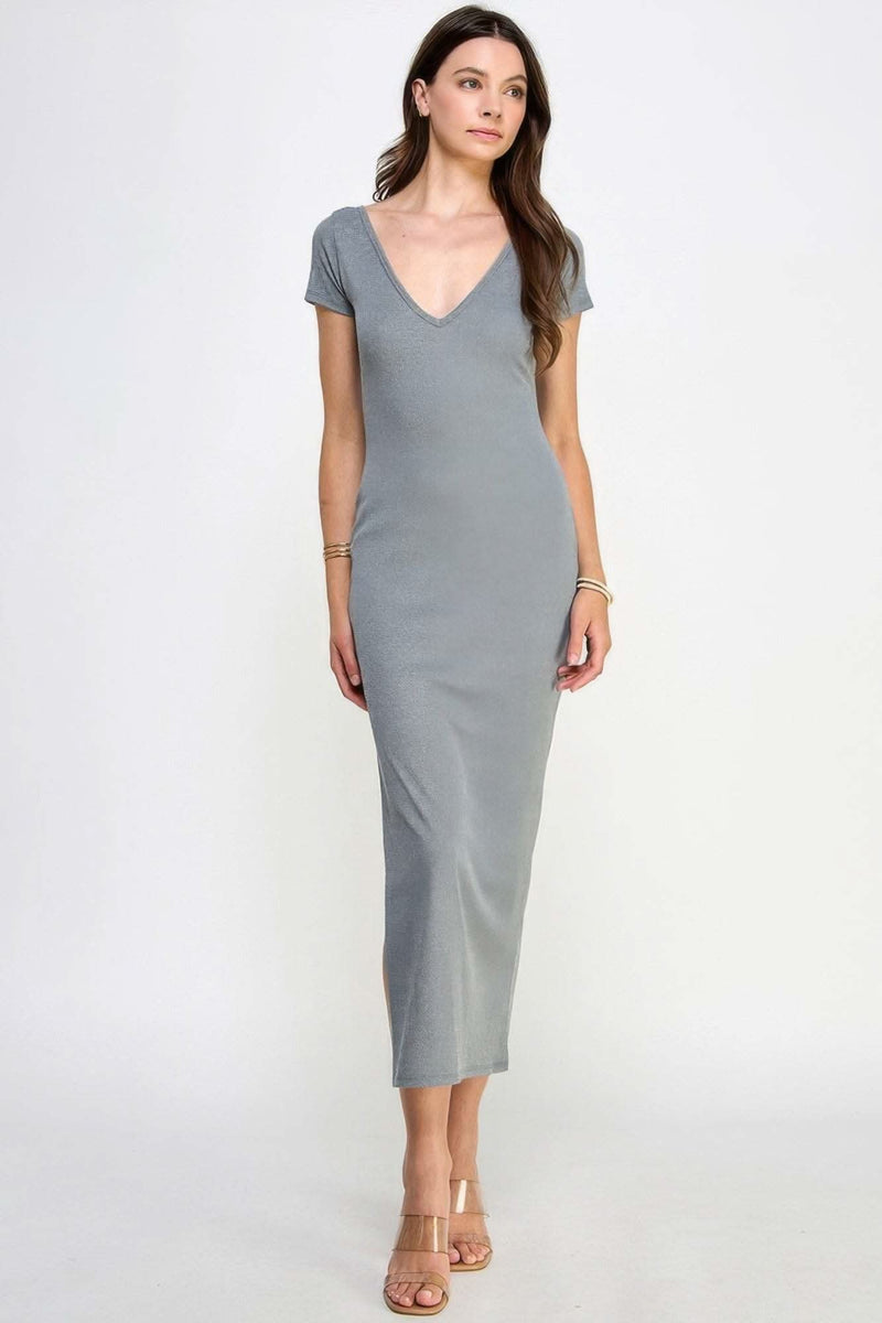 Double V-neck Ribbed Maxi Dress - Fit Me For 20