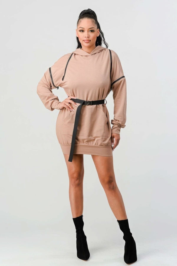Double Zipper Long Sleeve Hooded Mini Dress - Fit Me For 20
