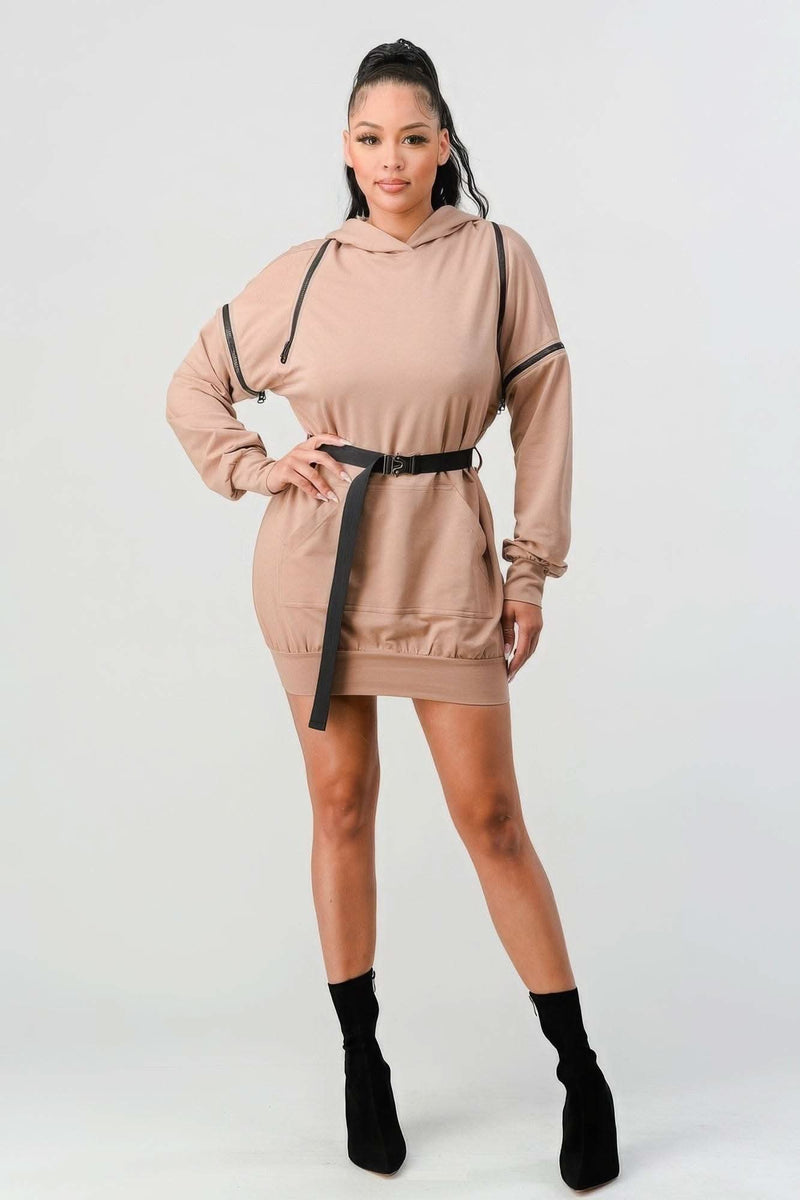 Double Zipper Long Sleeve Hooded Mini Dress - Fit Me For 20