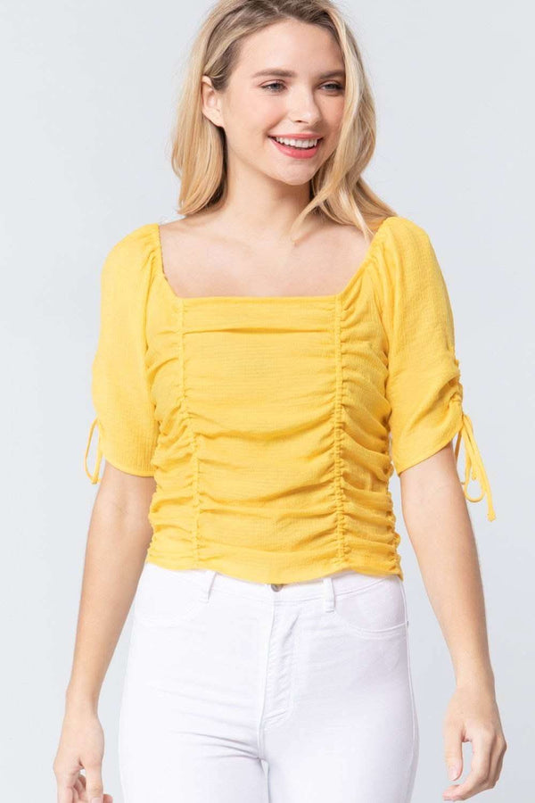 Elbow Slv Smocked Ruched Woven Top - Fit Me For 20