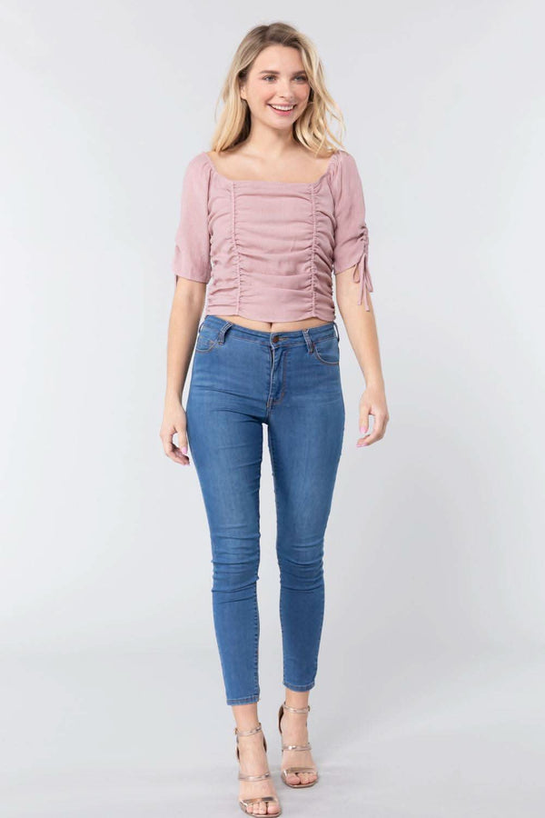 Elbow Slv Smocked Ruched Woven Top - Fit Me For 20