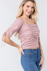 Elbow Slv Smocked Ruched Woven Top - Fit Me For 20