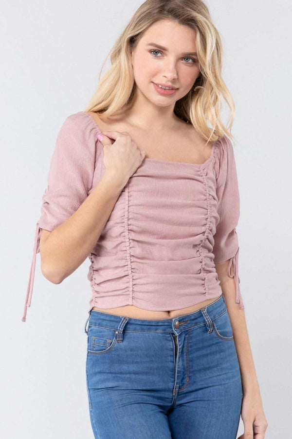 Elbow Slv Smocked Ruched Woven Top - Fit Me For 20