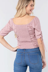 Elbow Slv Smocked Ruched Woven Top - Fit Me For 20
