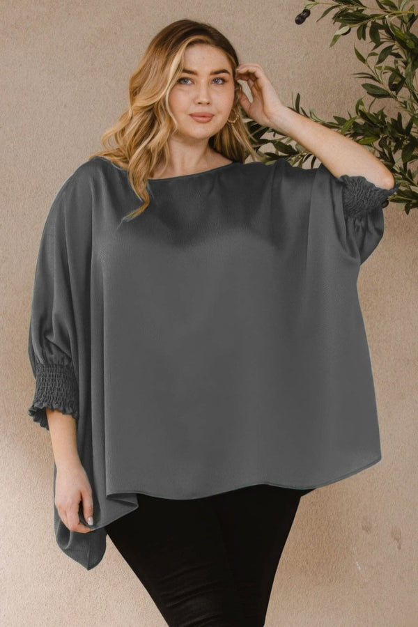 Ember Jacquard Solid Woven Oversized Boatneck 3/4 Sleeve Blouse - Fit Me For 20