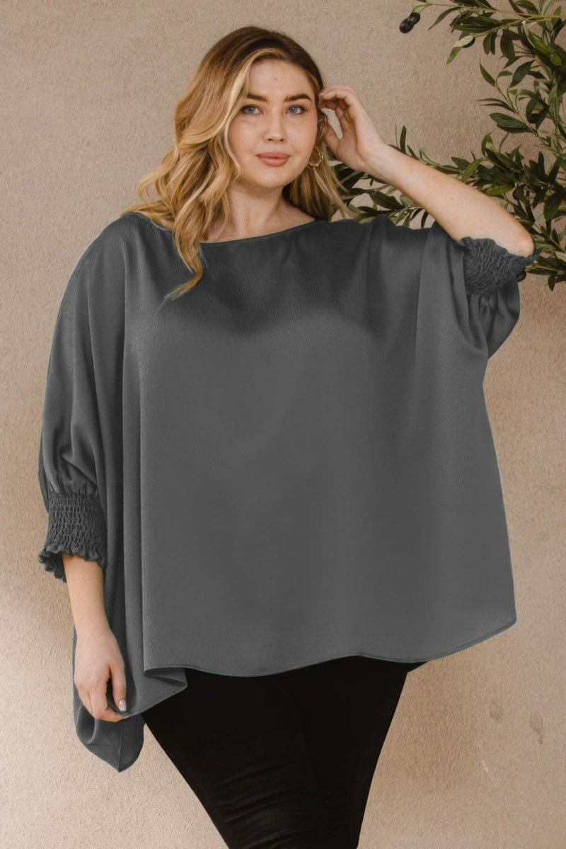 Ember Jacquard Solid Woven Oversized Boatneck 3/4 Sleeve Blouse - Fit Me For 20