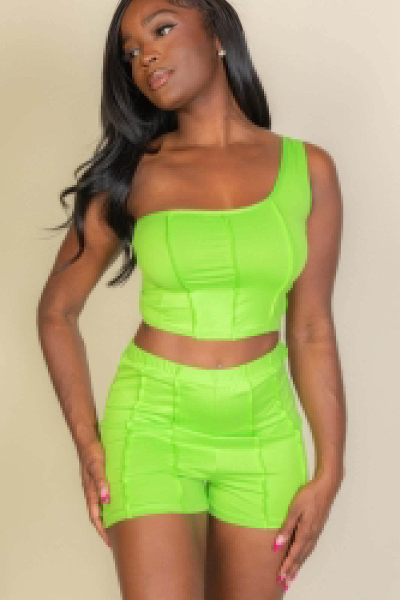 Exposed Seam One Shoulder Crop Top & Shorts Set - Fit Me For 20