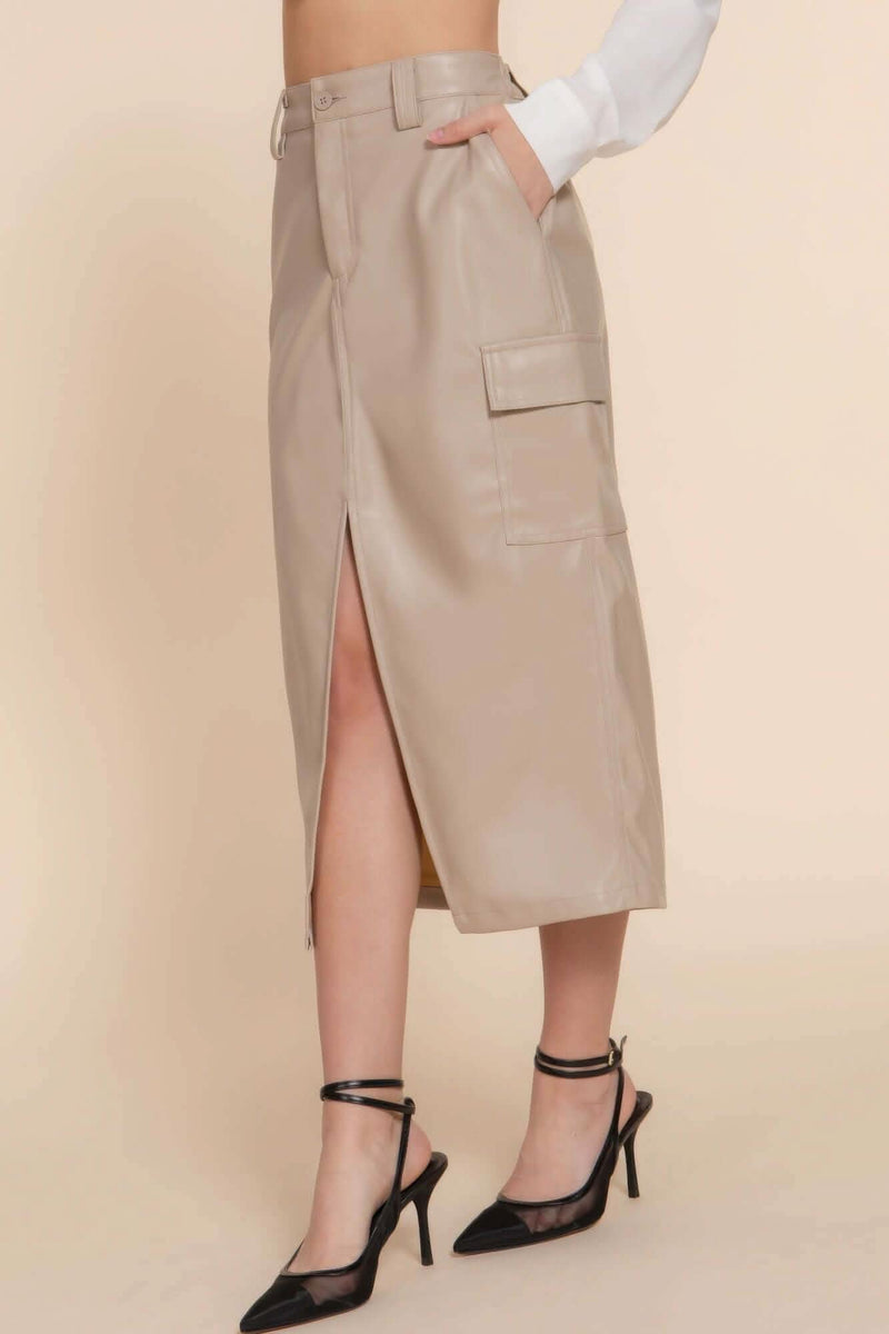 Faux Leather Midi Cargo Skirt - Fit Me For 20