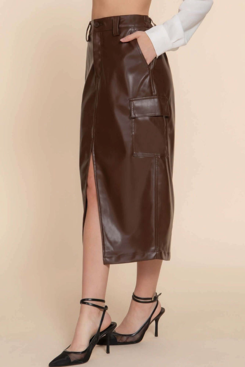 Faux Leather Midi Cargo Skirt - Fit Me For 20