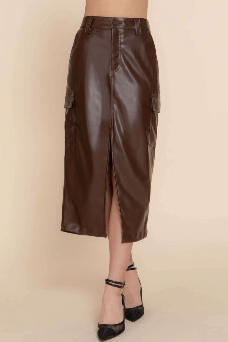 Faux Leather Midi Cargo Skirt - Fit Me For 20