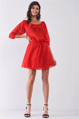 Flame Red Boat Neck Ruffle Collar Midi Sleeve Self-tie Waist Front Button Down Mini Dress - Fit Me For 20