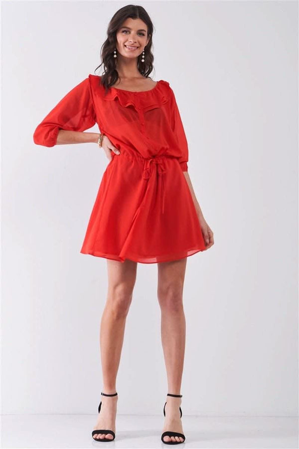 Flame Red Boat Neck Ruffle Collar Midi Sleeve Self-tie Waist Front Button Down Mini Dress - Fit Me For 20