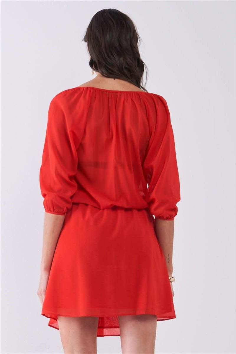 Flame Red Boat Neck Ruffle Collar Midi Sleeve Self-tie Waist Front Button Down Mini Dress - Fit Me For 20