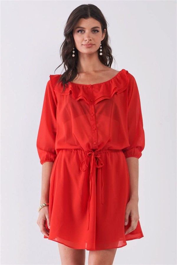 Flame Red Boat Neck Ruffle Collar Midi Sleeve Self-tie Waist Front Button Down Mini Dress - Fit Me For 20