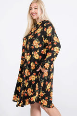 Floral Mock Neck Hidden Pocket Round Hem Midi Dress - Fit Me For 20