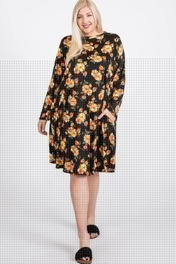 Floral Mock Neck Hidden Pocket Round Hem Midi Dress - Fit Me For 20