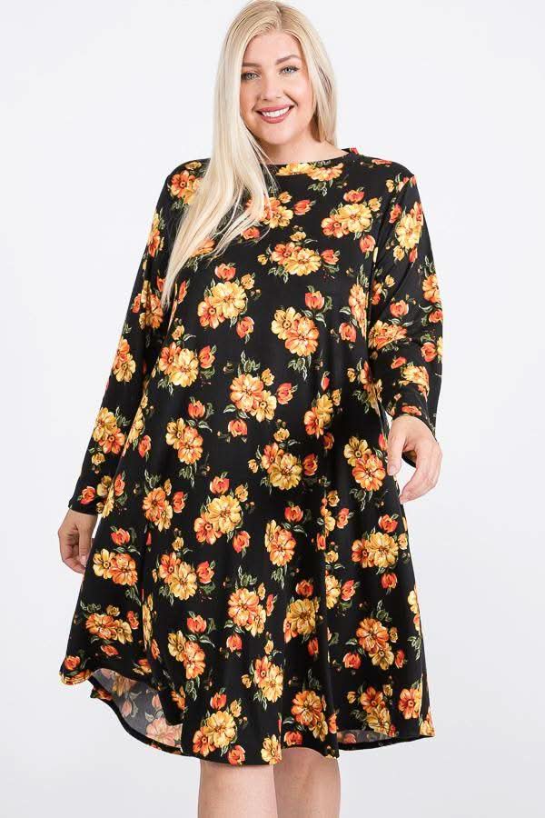 Floral Mock Neck Hidden Pocket Round Hem Midi Dress - Fit Me For 20