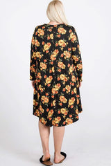Floral Mock Neck Hidden Pocket Round Hem Midi Dress - Fit Me For 20
