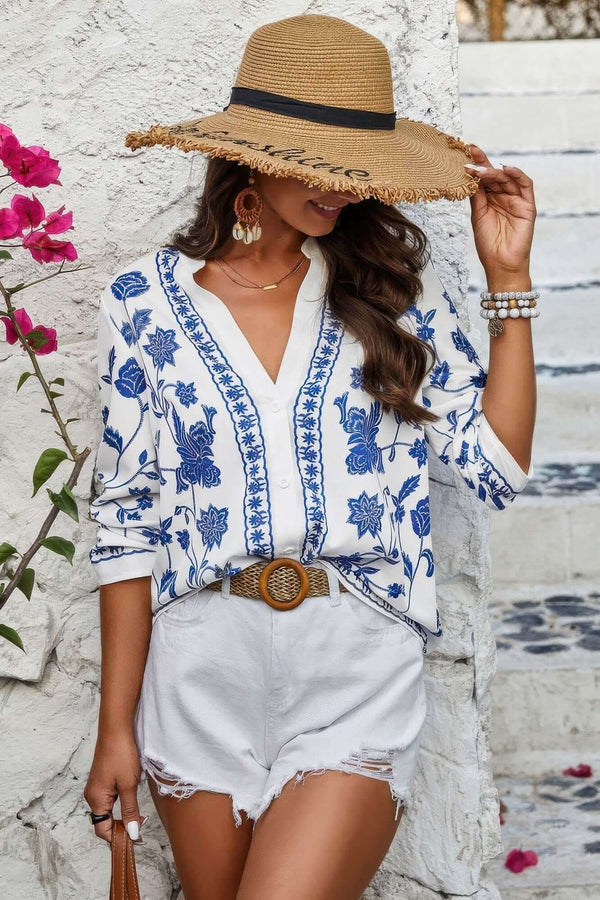 Floral Print Notched Collar V Neck Shirt - Fit Me For 20
