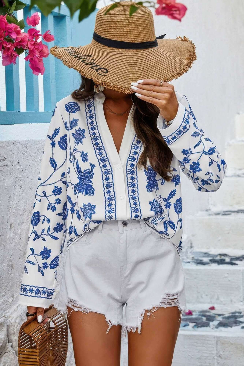 Floral Print Notched Collar V Neck Shirt - Fit Me For 20