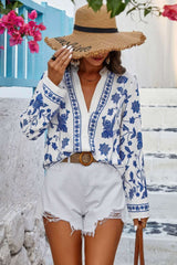 Floral Print Notched Collar V Neck Shirt - Fit Me For 20