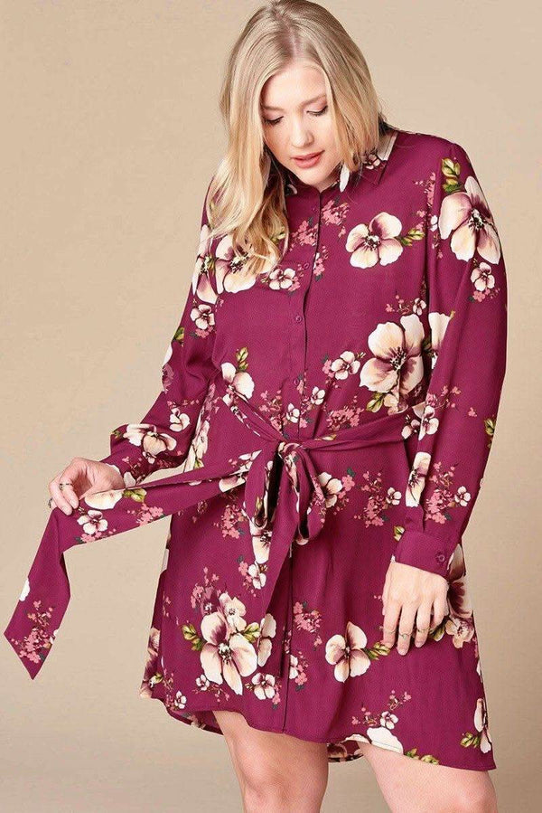Floral Woven Button-down Collared Shirt Dress - Fit Me For 20