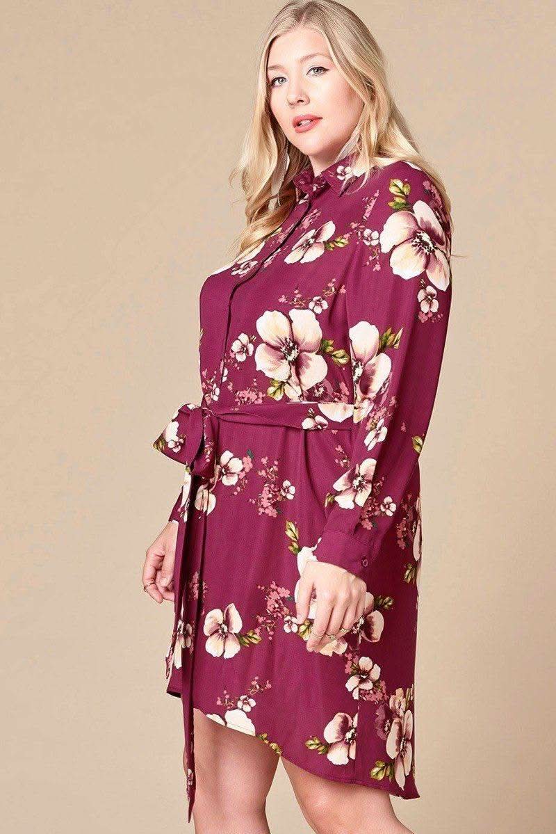 Floral Woven Button-down Collared Shirt Dress - Fit Me For 20