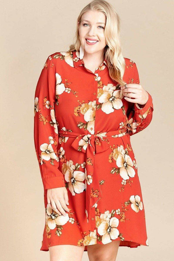 Floral Woven Button-down Collared Shirt Dress - Fit Me For 20