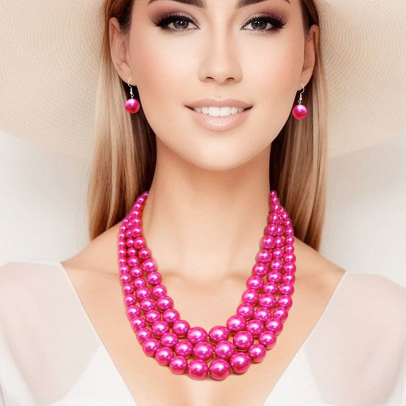 Fuschia Multi Strand Pearl Necklace Set - Fit Me For 20