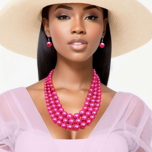 Fuschia Multi Strand Pearl Necklace Set - Fit Me For 20