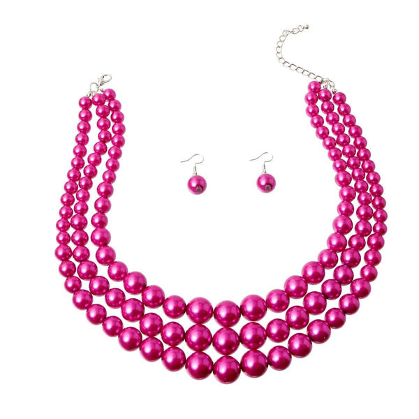 Fuschia Multi Strand Pearl Necklace Set - Fit Me For 20