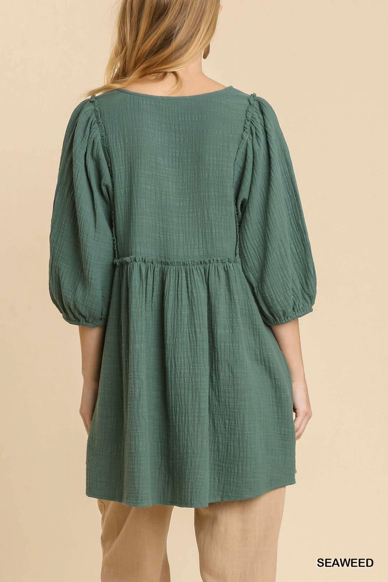 Gauze Slub V-neck Frayed Edge Detail Tunic Dress - Fit Me For 20