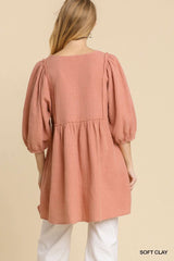 Gauze Slub V-neck Frayed Edge Detail Tunic Dress - Fit Me For 20