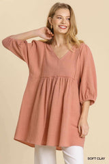 Gauze Slub V-neck Frayed Edge Detail Tunic Dress - Fit Me For 20