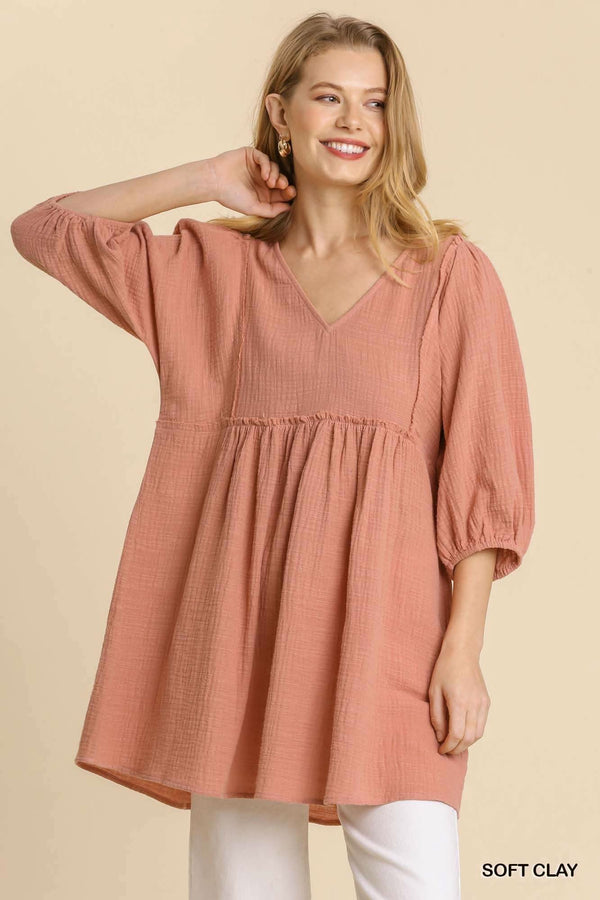 Gauze Slub V-neck Frayed Edge Detail Tunic Dress - Fit Me For 20