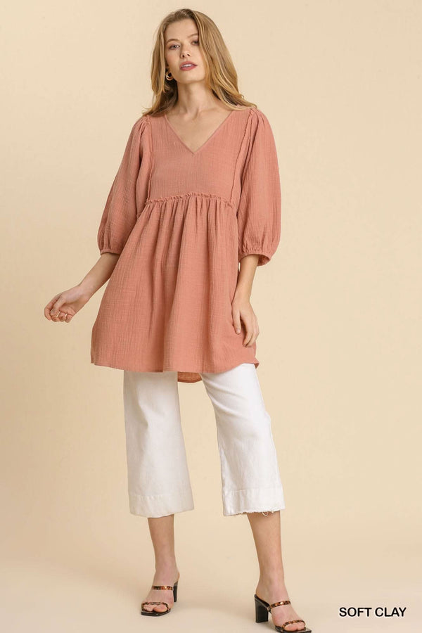 Gauze Slub V-neck Frayed Edge Detail Tunic Dress - Fit Me For 20