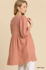 Gauze Slub V-neck Frayed Edge Detail Tunic Dress - Fit Me For 20